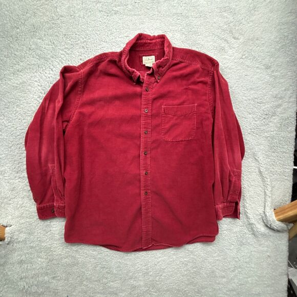 LL Bean Shirt Mens XL Red Corduroy Button Up Long Sleeve Front Pocket - Picture 1 of 12